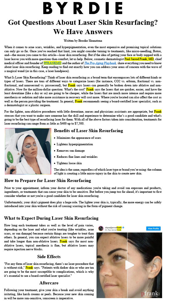 Dr. Paul Jarrod Frank featured in, “Got Questions About Laser Skin Resurfacing? We Have Answers.”