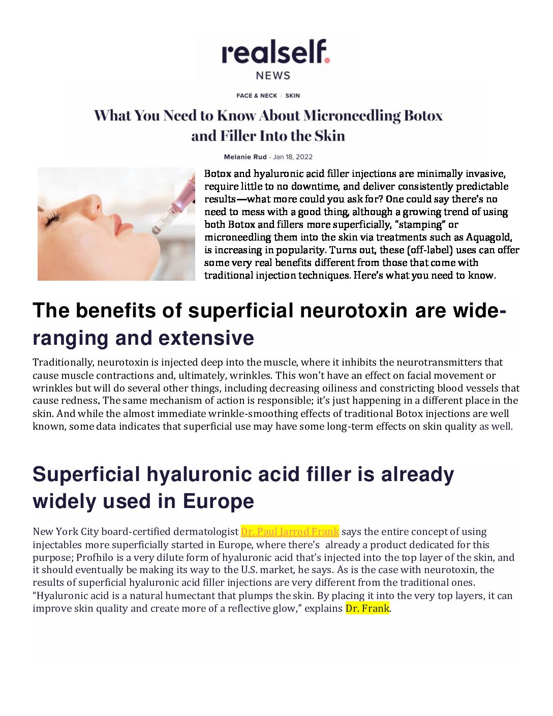 Dr. Paul Jarrod Frank featured in, “What You Need to Know About Microneedling Botox and Filler Into the Skin.”