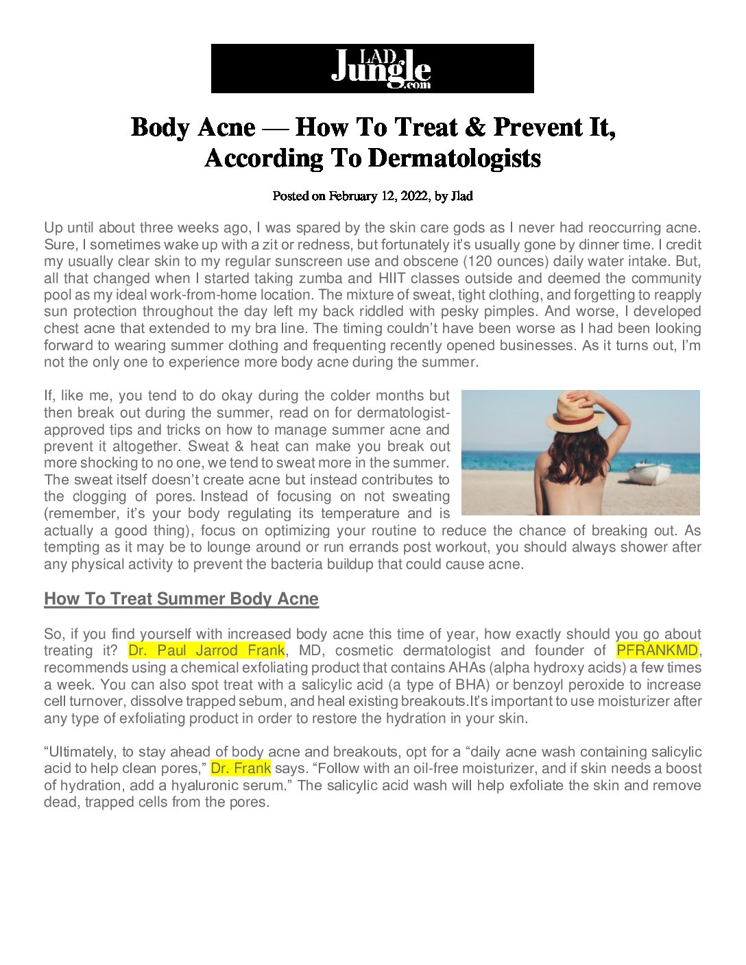Dr. Paul Jarrod Frank featured in, “Body Acne — How To Treat & Prevent It, According To Dermatologists.”